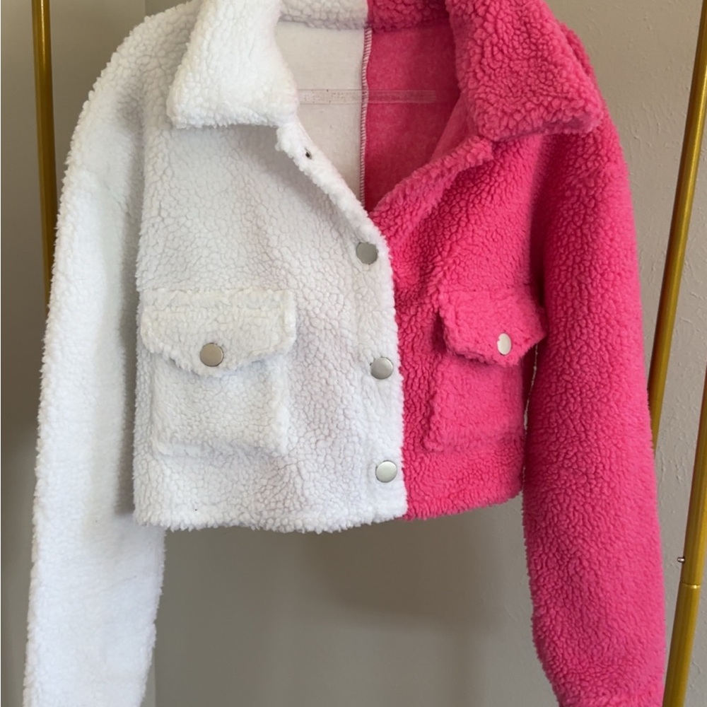 Pink and White Cropped Sherpa Jacket